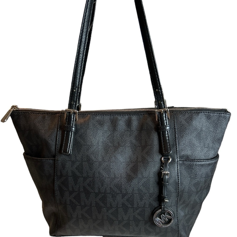 MICHAEL Michael Kors Black Gray Monogram Double Handle Tote Footed Pocket